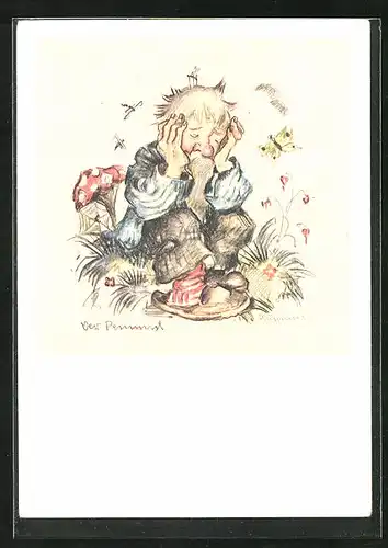 Künstler-AK Hummel: Trauriger Alter mit Schmetterling