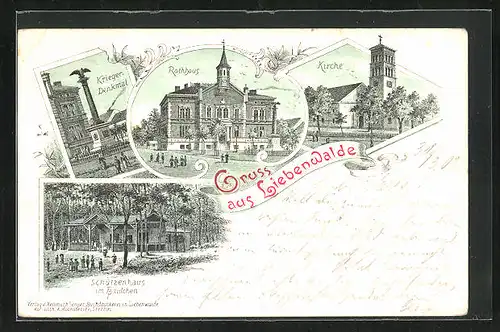 Lithographie Liebenwalde, Gasthaus Schützenhaus im Haidchen, Kirche, Rathaus, Krieger-Denkmal