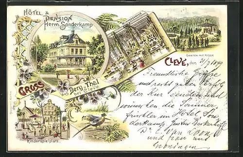 Lithographie Cleve, Hotel Pension Herm. Sonderkamp, Garten mit Kiosk, Kinderspielplatz