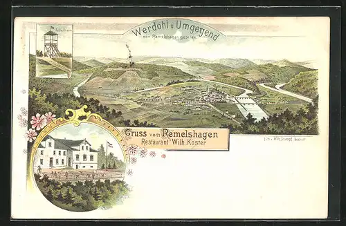 Lithographie Werdohl, Restaurant Wilh. Köster, Totalansicht vom Remelshagen aus