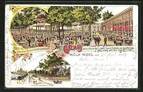 Lithographie Köln-Riehl, Gasthaus Kurfürstengarten am Kaiser Friedrich Ufer