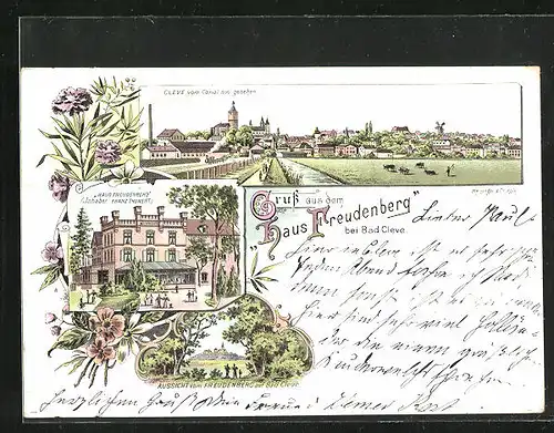 Lithographie Bad Cleve, Hotel Haus Freudenberg, Ortsansicht