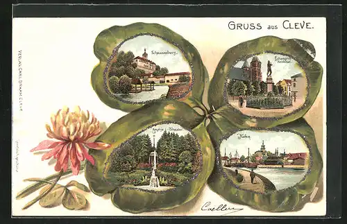 Passepartout-Lithographie Bad Cleve, Hafen, Schwanenburg, Lohengrin-Denkmal