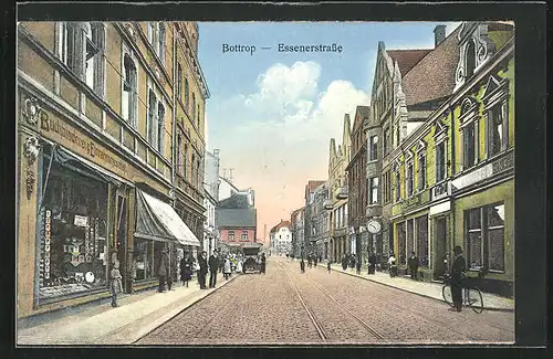 AK Bottrop, Essenerstrasse mit Buchbinderei und Cafe Siebeck, Fahrradfahrer