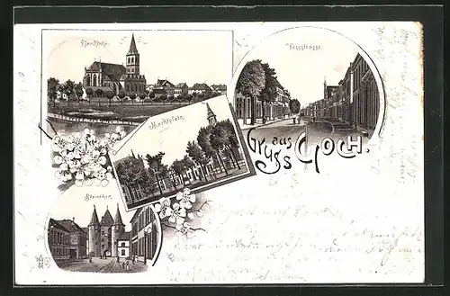 Lithographie Goch, Blick in die Vossstrasse, Steinthor, Marktplatz