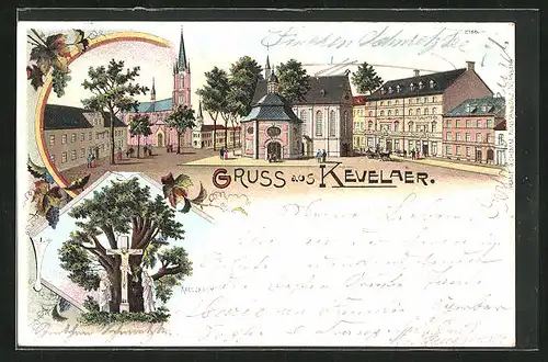 Lithographie Kevelaer, Gnadenkapelle und Gasthof zu den silbernen und goldenen Schlüsseln, Kreuzbaum