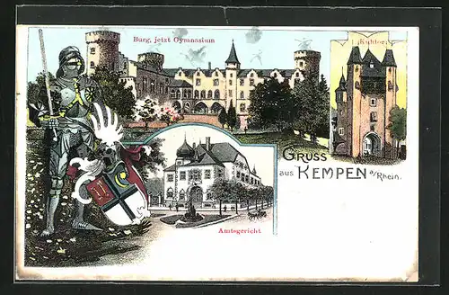 Künstler-AK Kempen a. Rhein, Burg jetzt Gymnasium, Kuhrtor, Amtsgericht