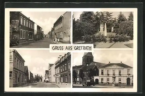AK Grefrath, Strassenpartie mit Gasthaus, Strassenpartie mit Kirche u. Litfasssäule, Denkmal und Brunnen