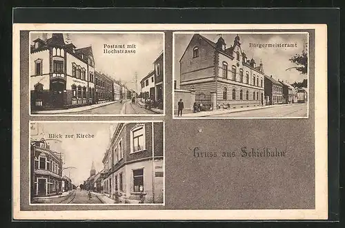 AK Schiefbahn, Blick zur Kirche mit Restaurant, Postamt mit Hochstrasse, Bürgermeisteramt