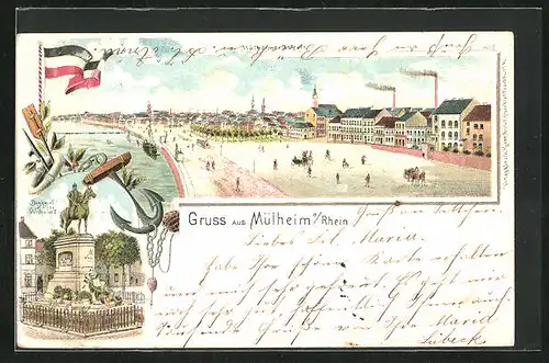 Lithographie Mülheim a. Rhein, Mülheimer Markt, Denkmal Kaiser Wilhelm I.