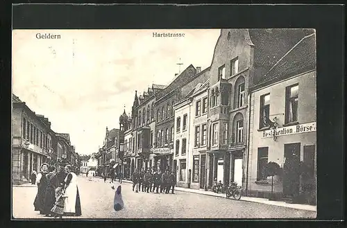 AK Geldern, Hartstrasse mit Restaurant zur Börse und Geschäften