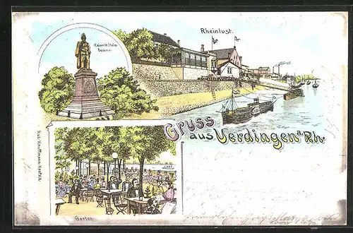 Lithographie Uerdingen a. Rh., Gasthaus Rheinlust, Kaiser-Wilhelm-Denkmal