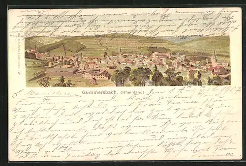 Lithographie Gummersbach /Rheinland, Panorama mit Kirche