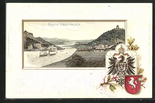 Passepartout-Lithographie Porta Westfalica, Flusspartie mit Denkmal, Wappen