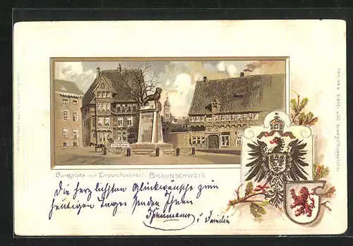 Passepartout-Lithographie Braunschweig, Burgplatz mit Löwendenkmal, Wappen