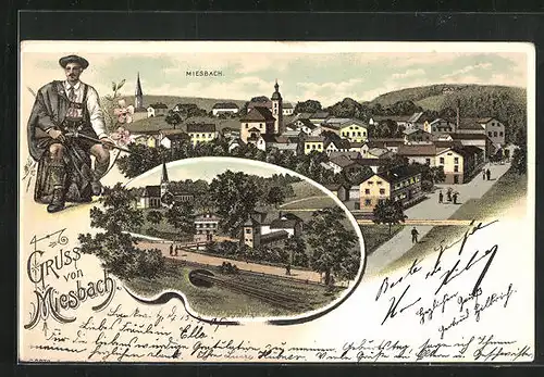 Lithographie Miesbach, Strassenpartie mit Kirche, Panorama