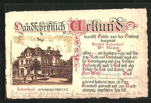 Lithographie Ichendorf, Gasthof v. Wwe. Bayer, Urkunde