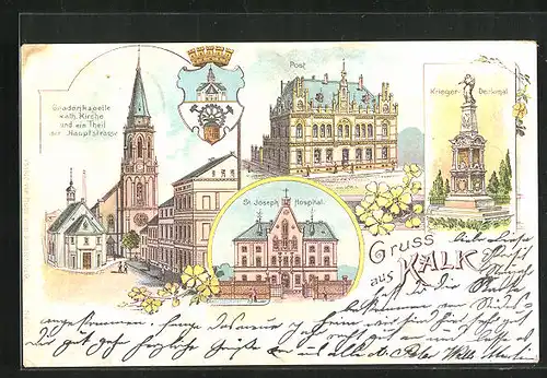 Lithographie Kalk, Post, St. Joseph Hospital, Hauptstrasse