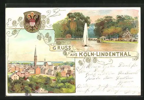 Lithographie Köln-Lindenthal, Uferpartie mit Gasthaus, Ortspartie mit Kirche