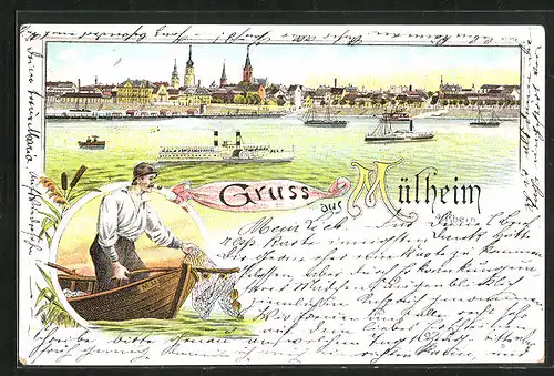 Lithographie Mülheim /Rhein, Panorama mit Dampfern, Fischer im Boot