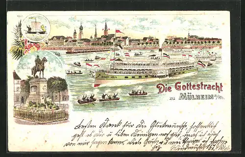 Lithographie Mülheim a. Rh., Die Gottestracht, Panorama mit Dampfschiff Stadt Köln