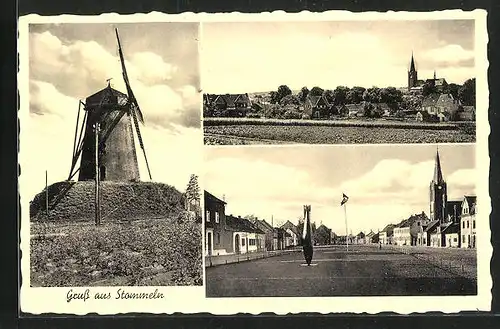 AK Stommeln, Windmühle, Strassenpartie, Panorama