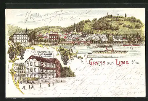 Lithographie Linz a /Rh., Hôtel Deutscher Kaiser, Teilansicht mit Dampfer