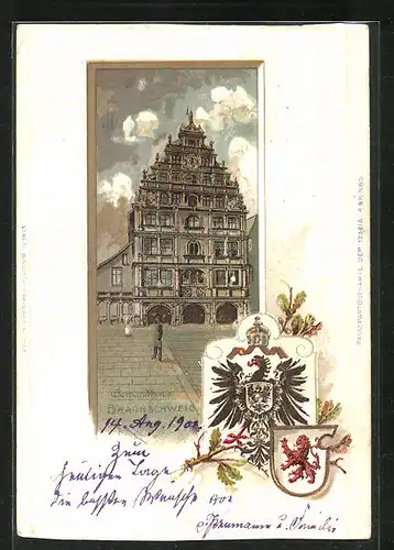 Passepartout-Lithographie Braunschweig, Gewandhaus, Wappen