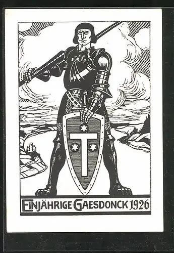 Künstler-AK Gaesdonck, Absolvia Einjährige 1926, Ritter mit Lanze und Schild