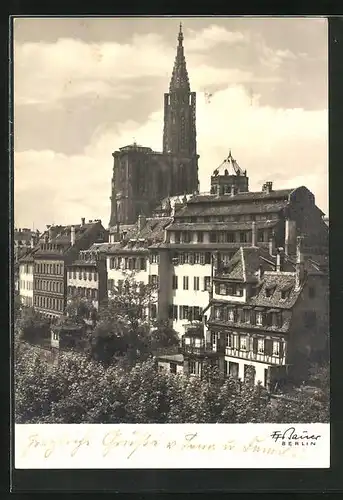 Foto-AK Friedrich Franz Bauer: Strassburg, Blick über die Ill vom Fischerstaden zum Münster