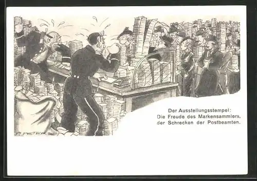 Künstler-AK Düsseldorf, Rheinische Briefmarken-Ausstellung 1936, Andrang im Postamt, Ganzsache