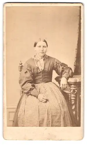 Fotografie G. M. Fettinger, Gunzenhausen, Portrait junge Frau im Biedermeierkleid mit karierter Schürze, Halstuch