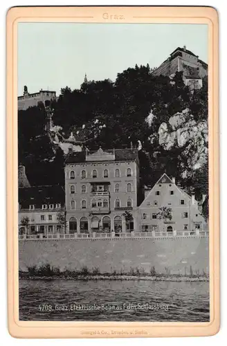 Fotografie Stengel & Co., Dresden, Ansicht Graz, Schlossberg mit elektrischer Bergbahn, Ufer-Promenade