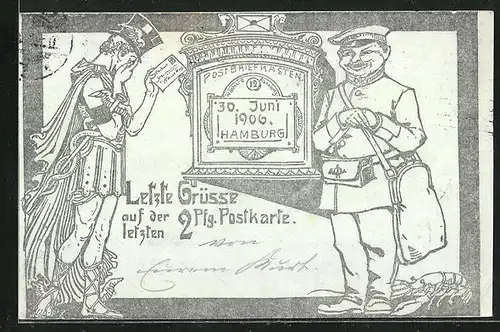 AK Letzte Grüsse auf der letzten 2 Pfg. Postkarte 1906, Ganzsache, Briefträger, Hermes