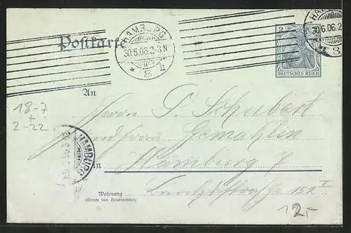 AK Letzte Grüsse auf der letzten 2 Pfg. Postkarte 1906, Ganzsache, Briefträger, Hermes