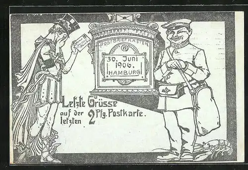 AK Letzte Grüsse auf der letzten 2 Pfg. Postkarte 1906, Ganzsache, Briefträger, Hermes