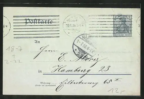 AK Letzte Grüsse auf der letzten 2 Pfg. Postkarte 1906, Ganzsache, Briefträger, Hermes