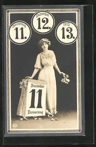 AK 11.12.13, Dame neben Kalenderblatt
