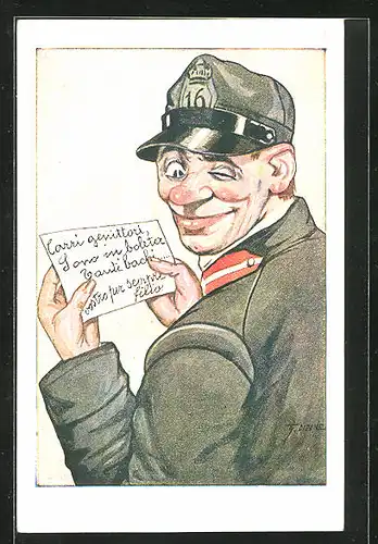 Künstler-AK Italienischer Soldat freut sich über Feldpost