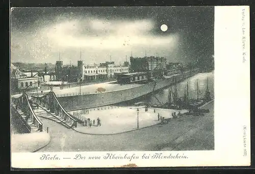AK Köln, Neuer Rheinhafen bei Mondschein