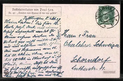 Künstler-AK Paul Hey: Volksliederkarte Nr. 49: Ännchen von Tharau ist die mir gefällt