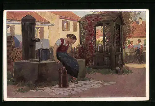 Künstler-AK Paul Hey: Volksliederkarte Nr. 34: jetzt geh i ans Brünnele