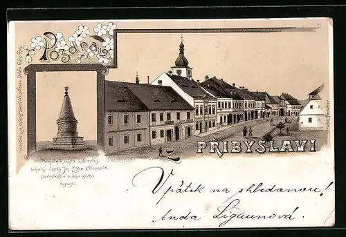 Lithographie Pribyslav, Pamatnik mista, Strassenpartie