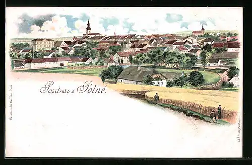 Lithographie Polna, Panorama mit Kirche