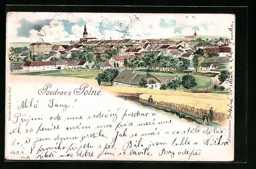 Lithographie Polna, Panorama mit Kirche