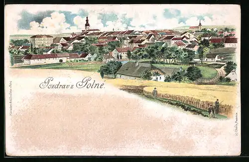 Lithographie Polna, Panorama mit Kirche