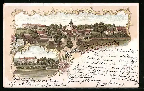 Lithographie Krizanov, Panorama mit Kirche, Uferpartie