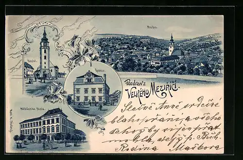 Lithographie Velkého Mezirici, Mestanska skola, Radnice, Kostel