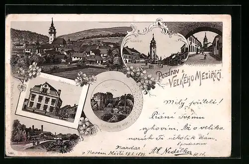 Lithographie Velkého Mezirici, Namesti, Komenskeho ulice, Radnice