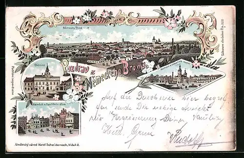 Lithographie Nem. Brod, Radnice, Namesti a Havlickuv dum, Panorama